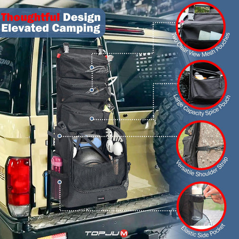 TOPJUM side-expandable-mesh-pockets expand storage for utensils and accessories.