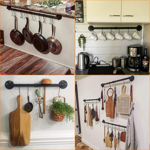 Toplife black matte finish pot rack enhances kitchen décor while organizing cookware.