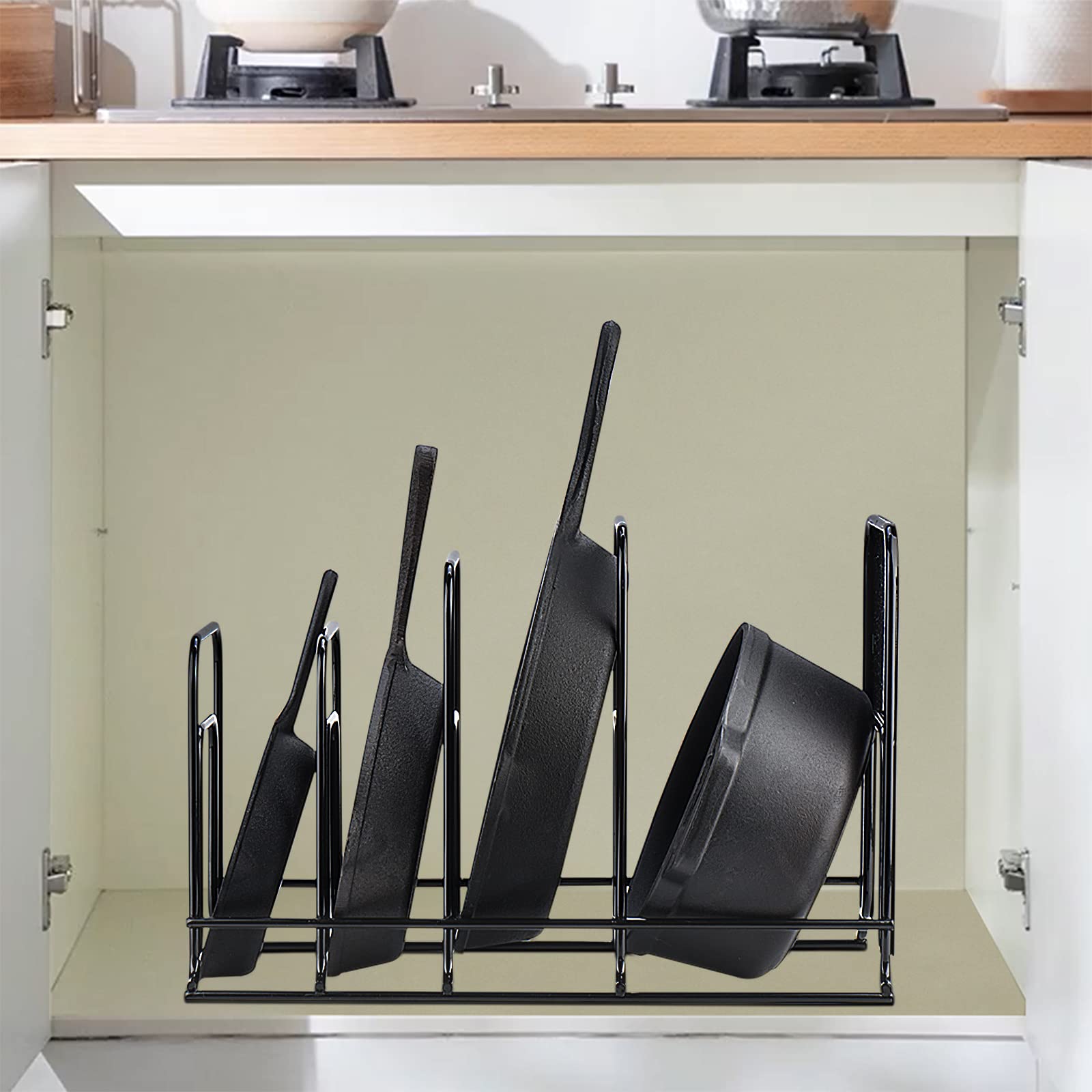 Toplife keeps cast iron pans organized and easy to grab when needed.