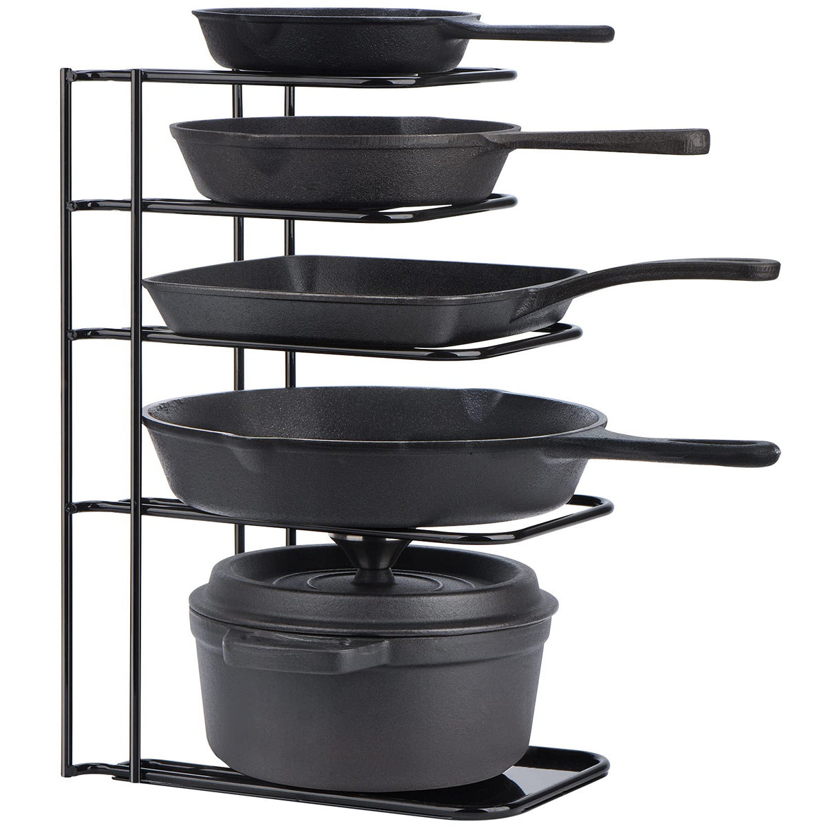 Toplife Heavy Duty Pan Organizer demonstrates sturdy construction for heavy cast iron pans, preventing tipping.