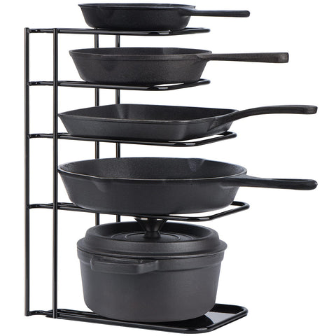 Toplife Heavy Duty Pan Organizer demonstrates sturdy construction for heavy cast iron pans, preventing tipping.