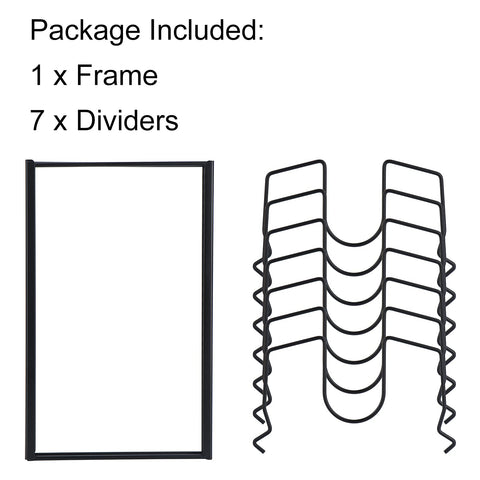 Toplife pot lids organizer rack showcases seven compartments keeping lids and bakeware neatly separated.