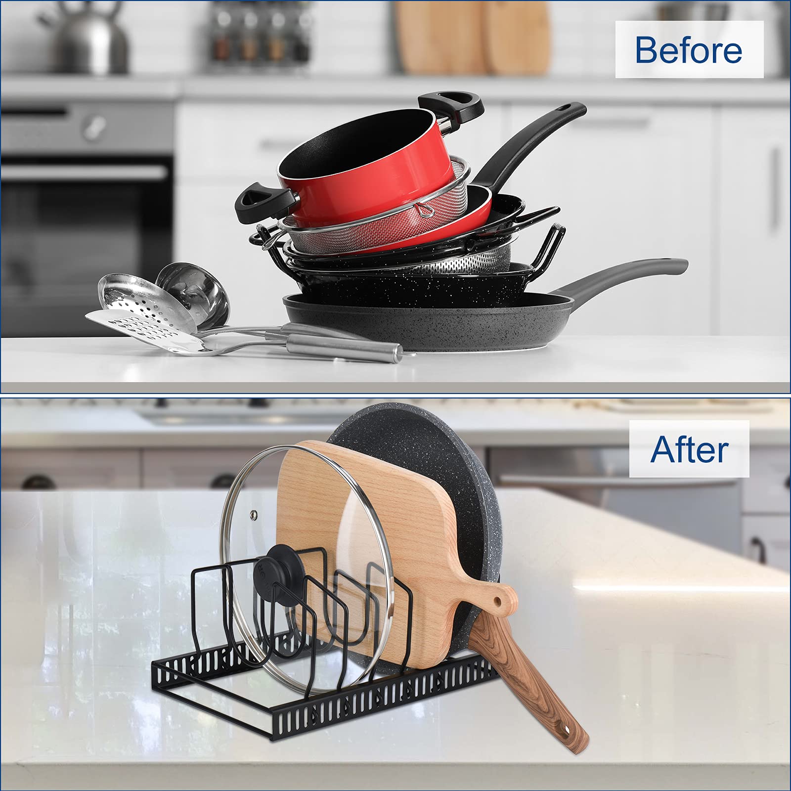 Toplife pot lids organizer rack installed in a cabinet keeps lids tidy and within reach.
