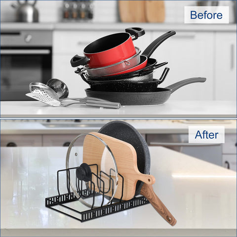 Toplife pot lids organizer rack installed in a cabinet keeps lids tidy and within reach.