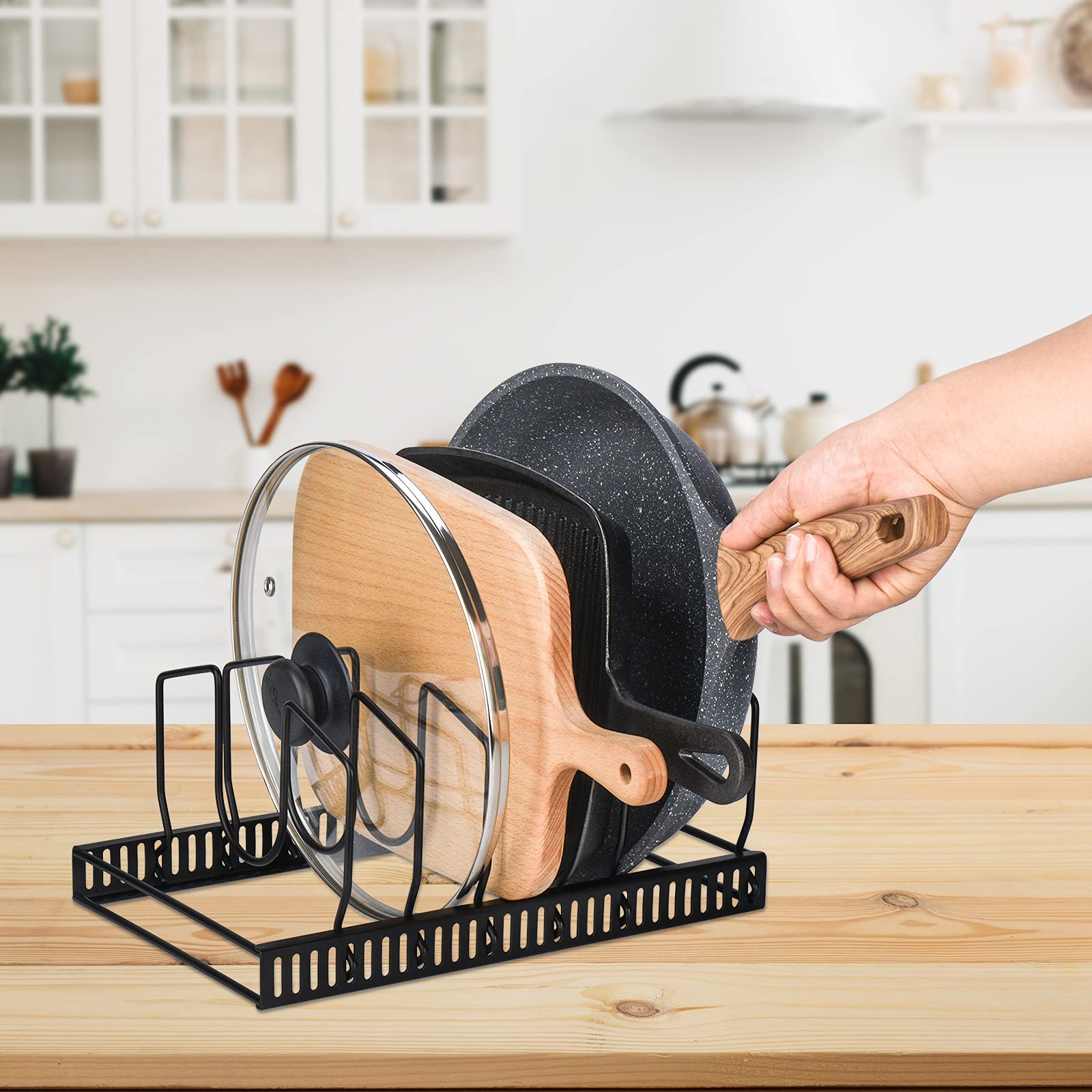 Toplife pot lids organizer rack on the countertop saves space and makes bakeware easy to grab.
