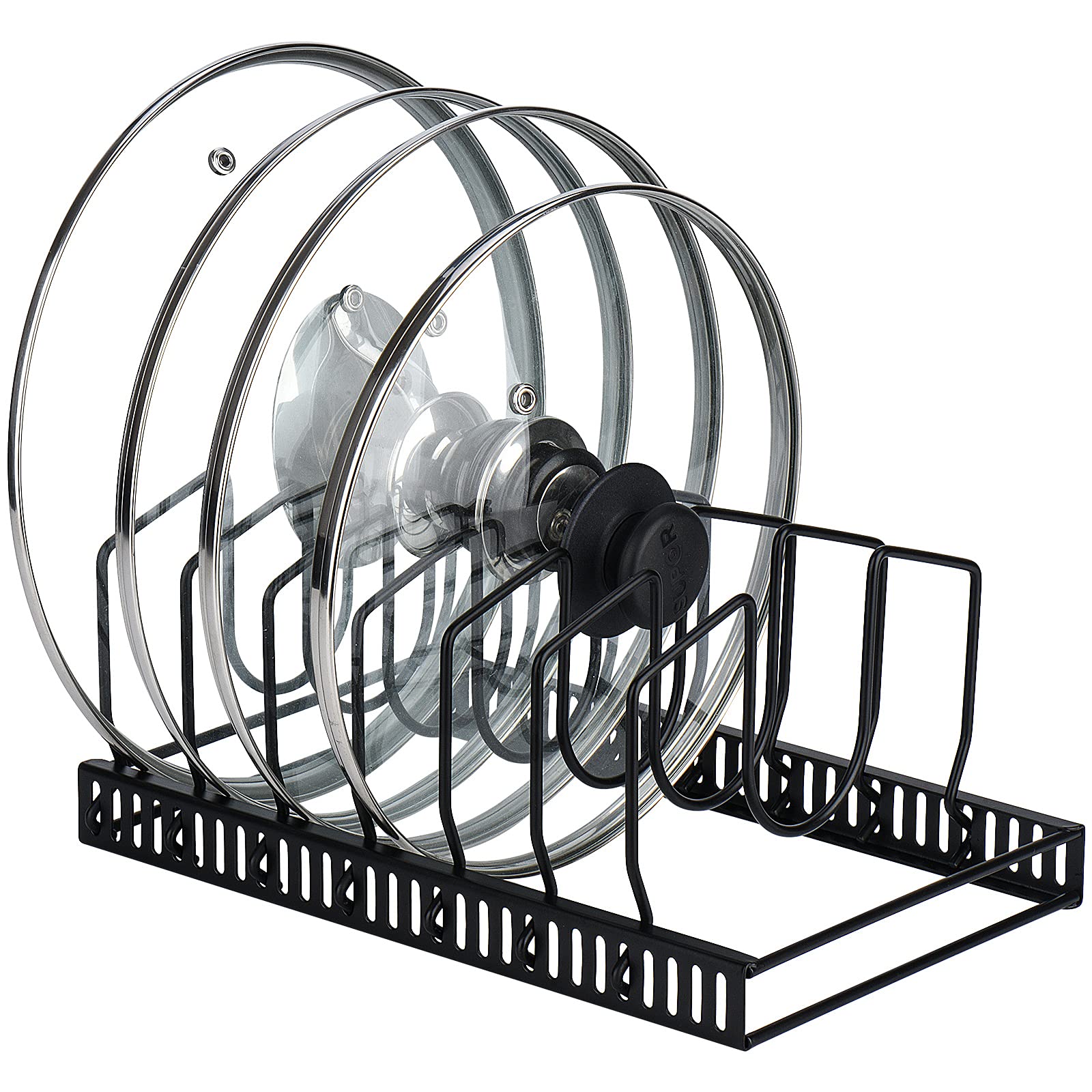 Toplife pot lids organizer rack front view with seven adjustable compartments for easy access.