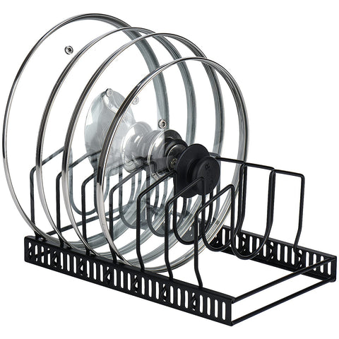 Toplife pot lids organizer rack front view with seven adjustable compartments for easy access.