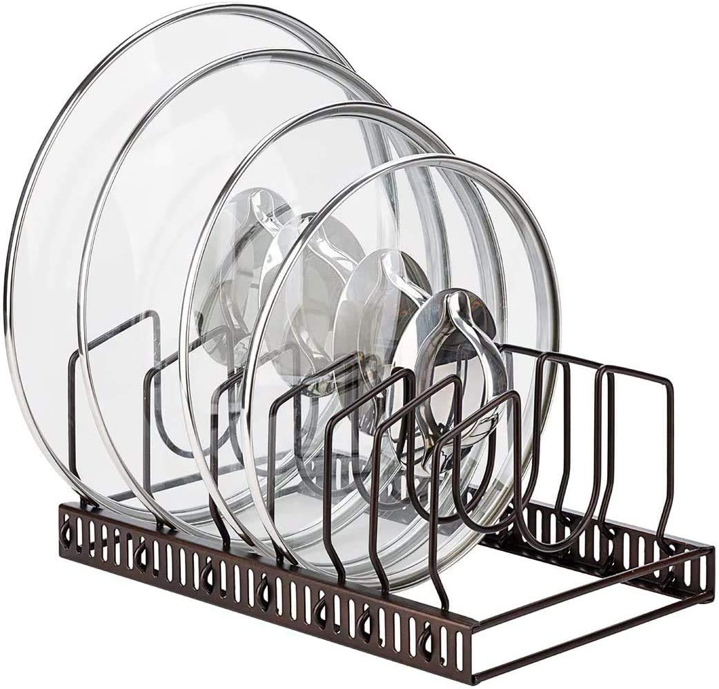 Toplife pot lids organizer rack shows lids neatly arranged for quick access