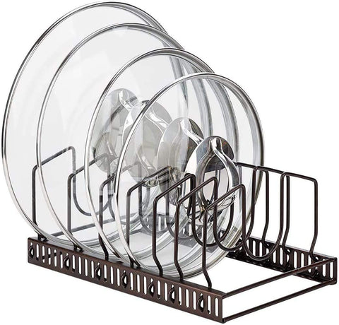 Toplife pot lids organizer rack shows lids neatly arranged for quick access