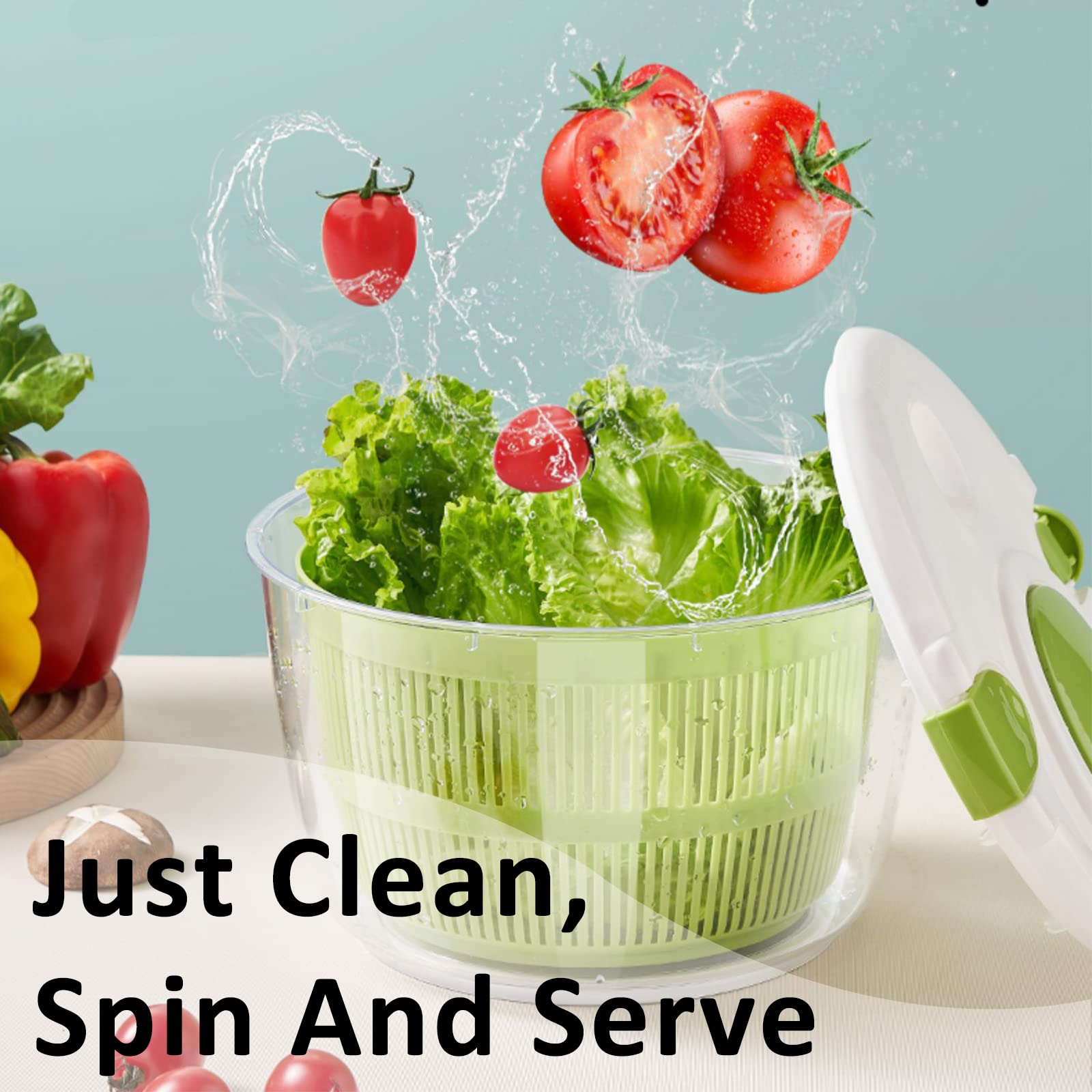 TOPROAD salad spinner showing locking clamps for mess free operation