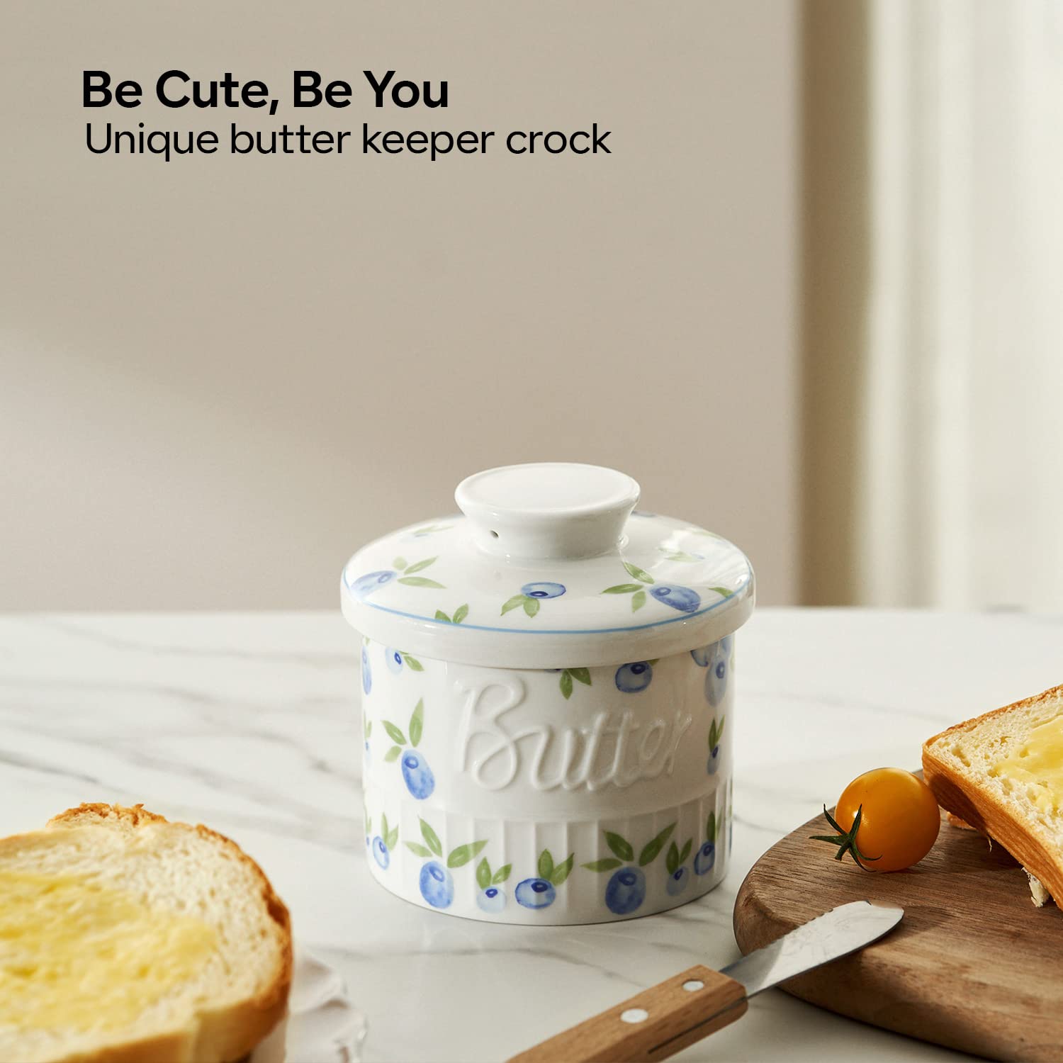 Toptier ceramic keeper with blueberry pattern adds stylish kitchen touch.