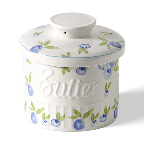 Toptier butter crock with water line on counter keeps spreadable butter nearby.