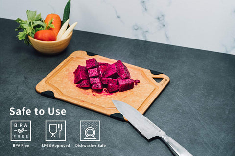 TopTier cutting board shows juice groove catching liquids and preventing spills