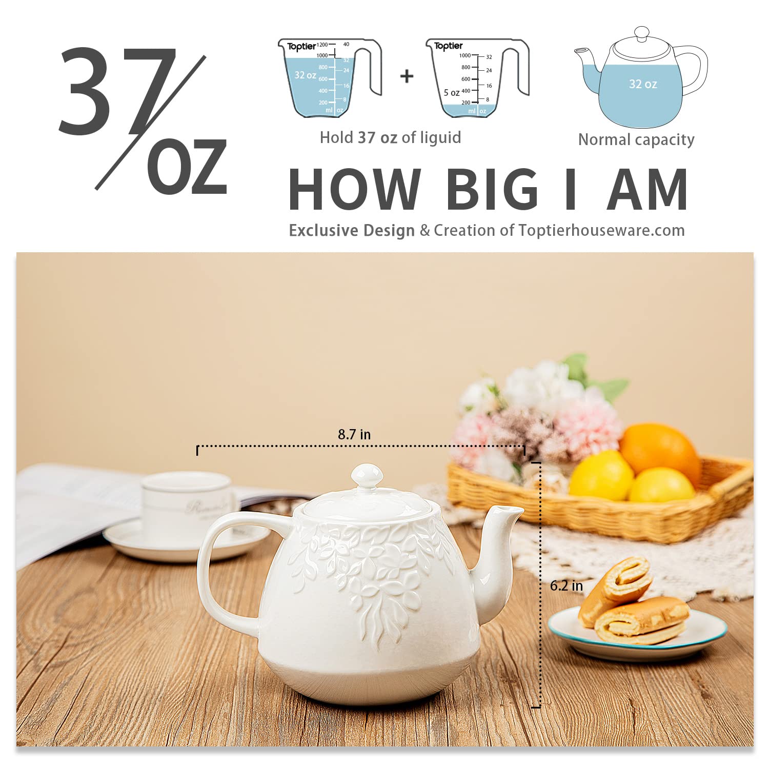 Large 37-ounce capacity ready for 3–5 cups.