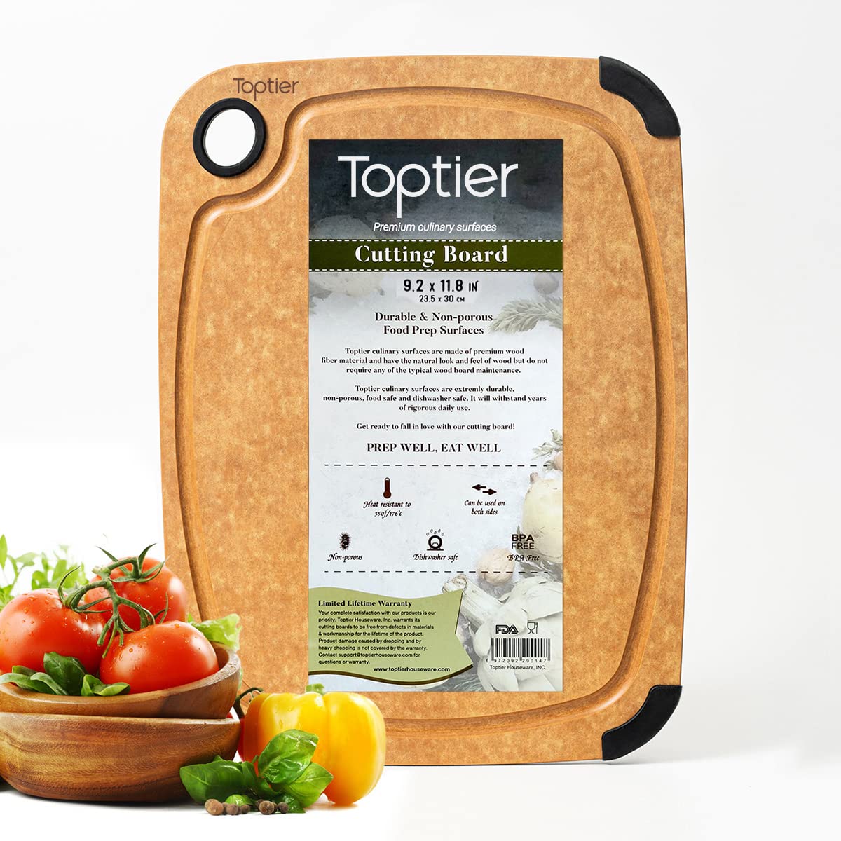 Toptier wood fiber cutting board with dual-sided surface for versatile prep.