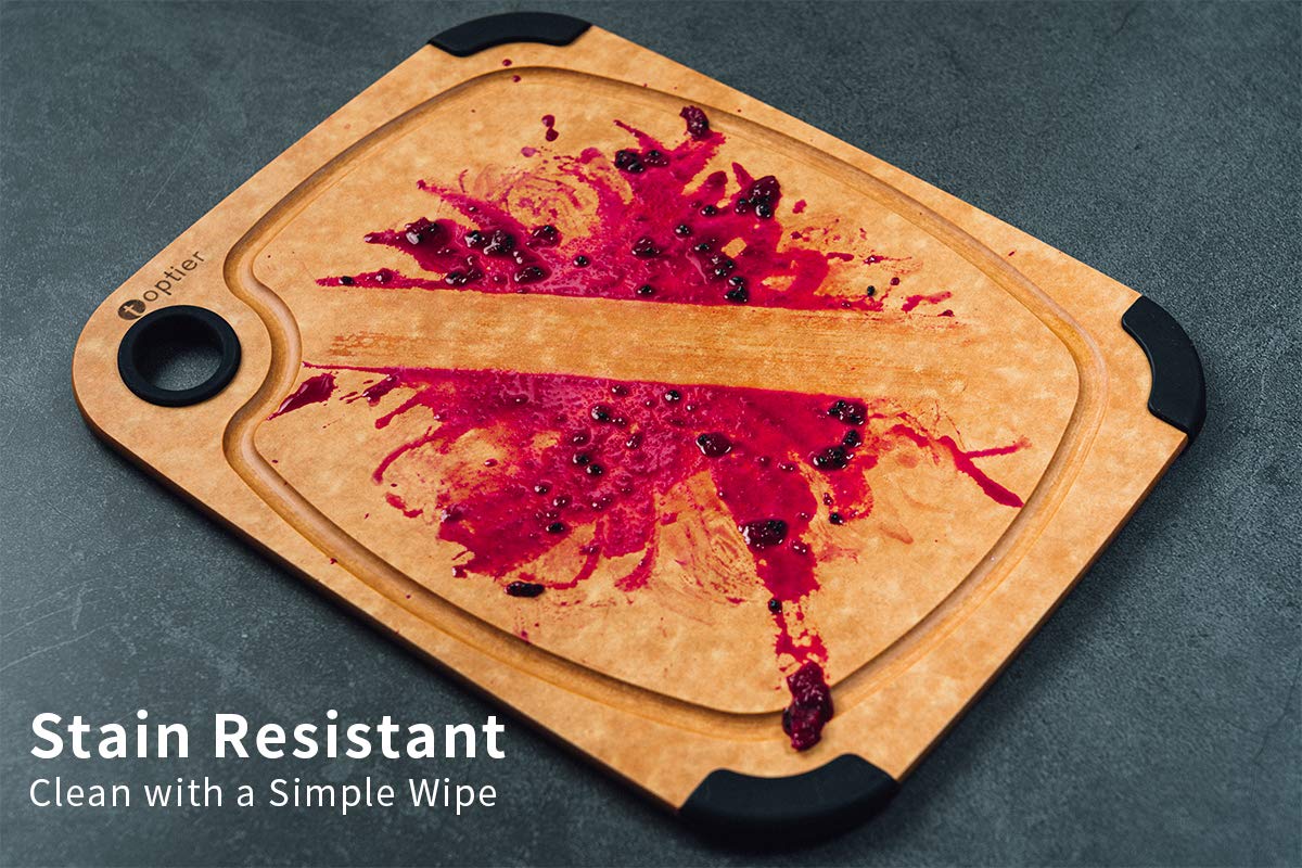 Toptier cutting board with non-slip silicone corners enhances stability.