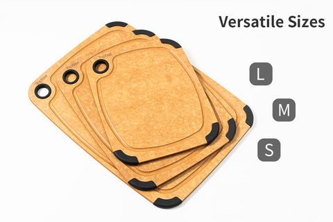 Toptier wood fiber cutting board doubles as an elegant serving platter.