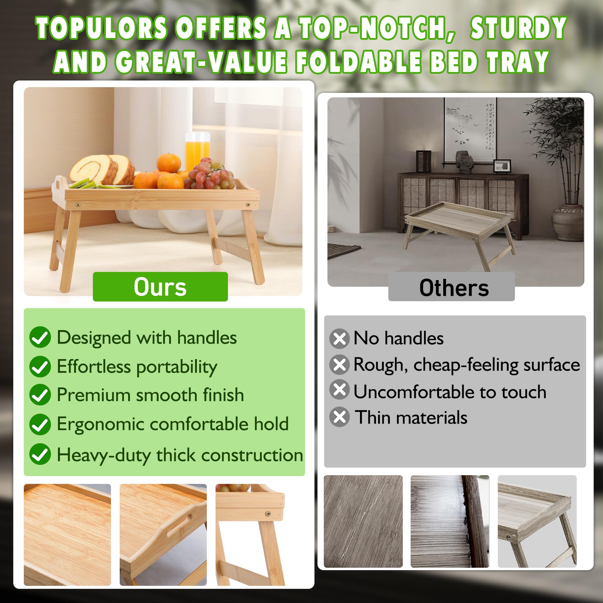 Topulors foldable bamboo serving tray, quick to clean with warm water.