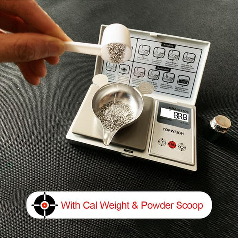 TOPWEIGH reloading scale demonstrating tare function for net weights.