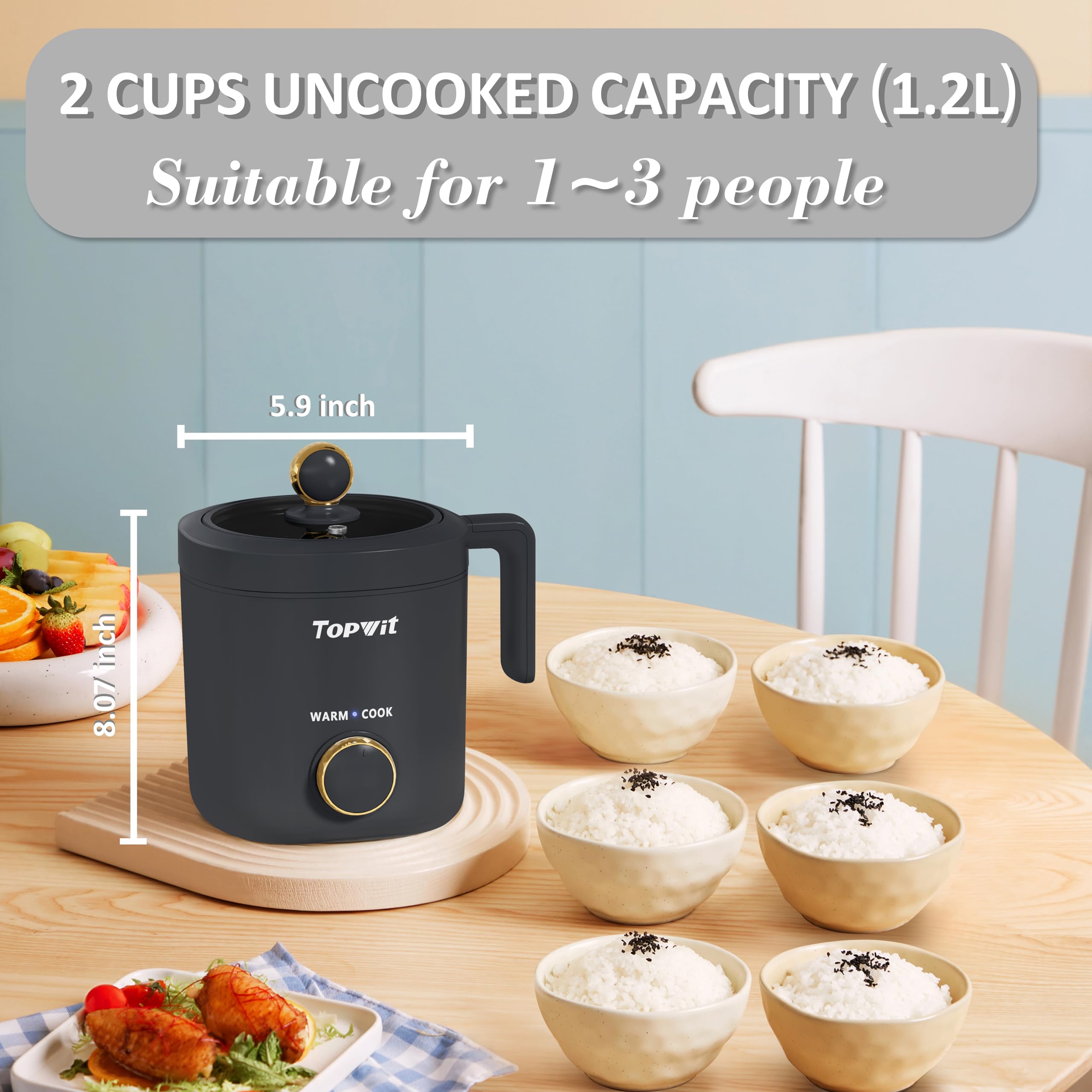 TopWit 2-cup uncooked capacity fits 1–3 servings for small spaces