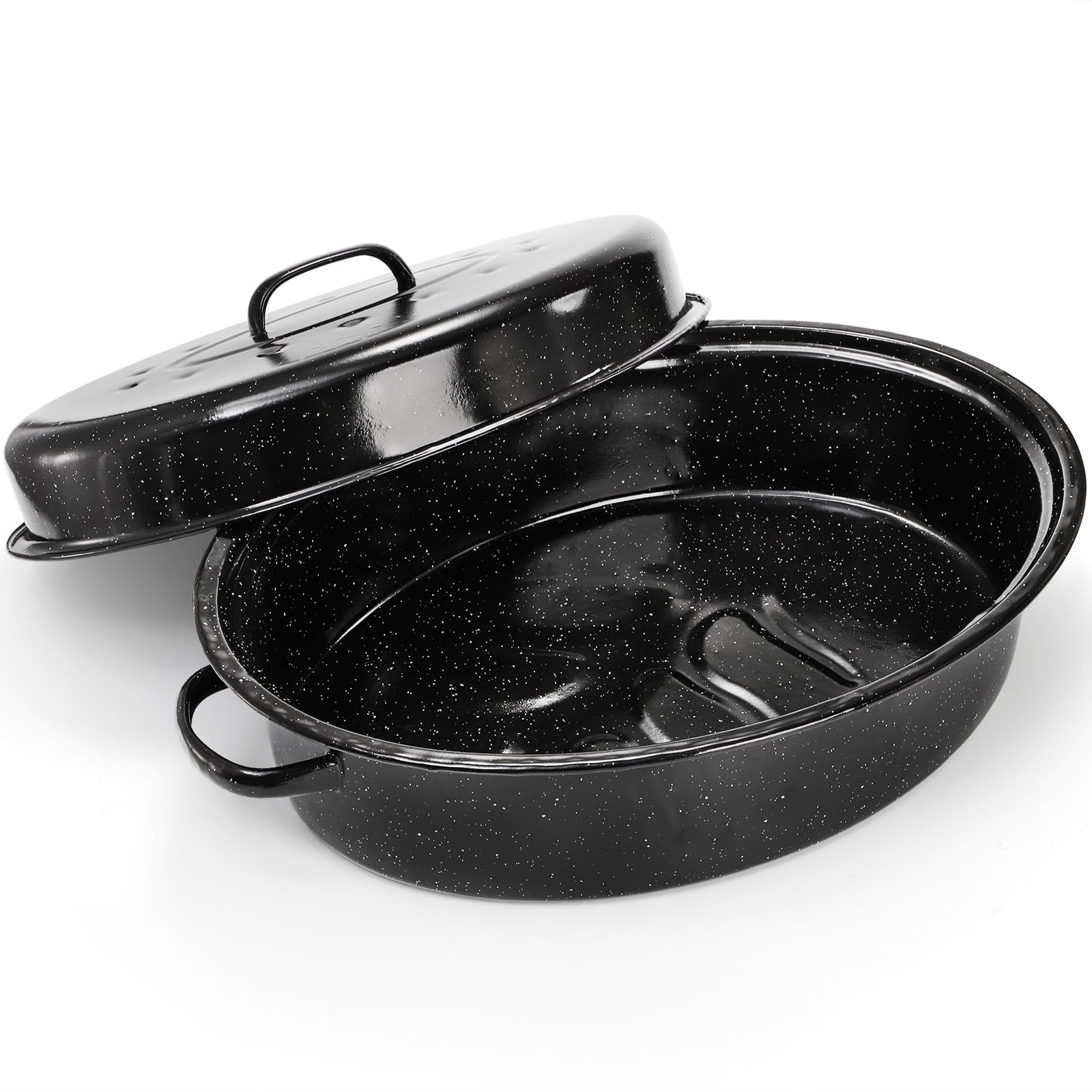 TOPZEA granite roasting pan with lid — lid on for moisture and even browning.