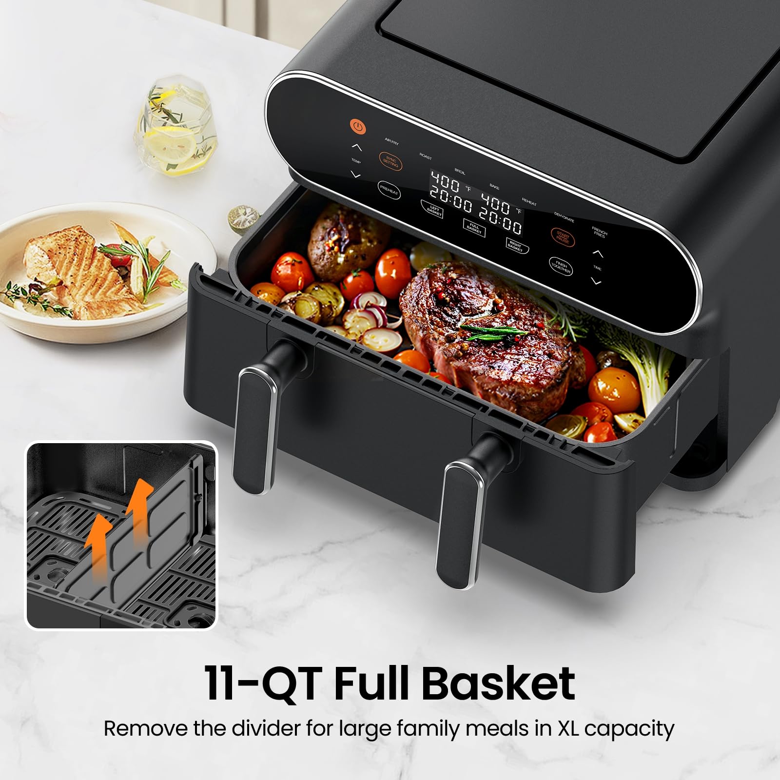 Topzee 11-qt air fryer divider shows dual-zone cooking for varied dishes.