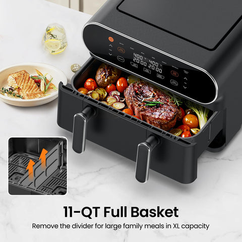 Topzee 11-qt air fryer divider shows dual-zone cooking for varied dishes.