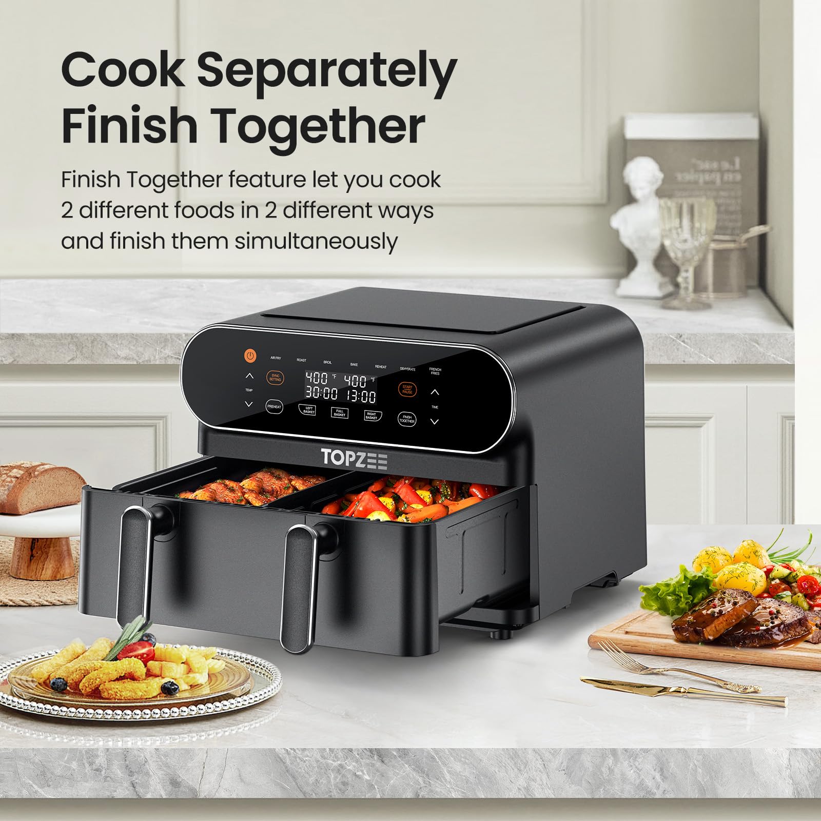 Topzee 11-qt air fryer sync cook mode aligns two baskets for same timing.