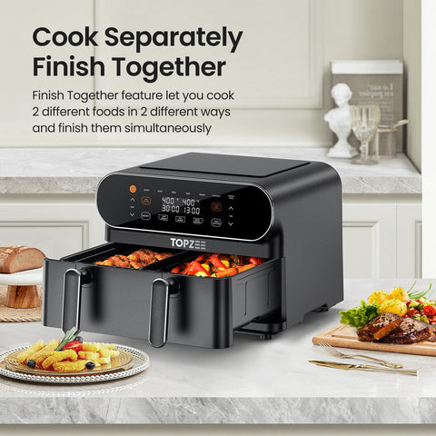 Topzee 11-qt air fryer sync cook mode aligns two baskets for same timing.