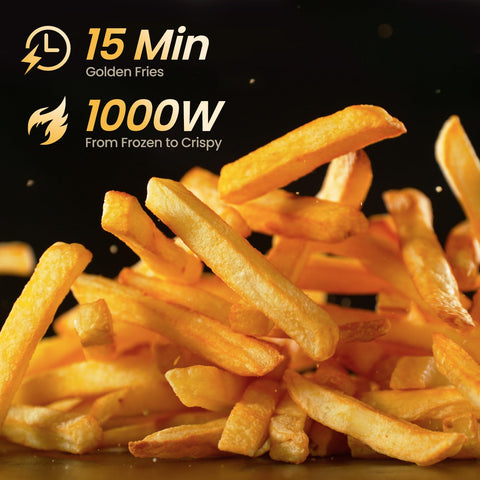 Topzee 2.1qt air fryer basket close-up shows nonstick coating for easy release.