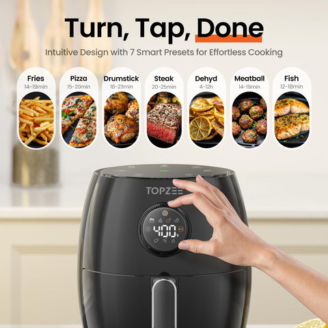 Topzee 2.1qt air fryer control panel highlights precise temperature and timer control.