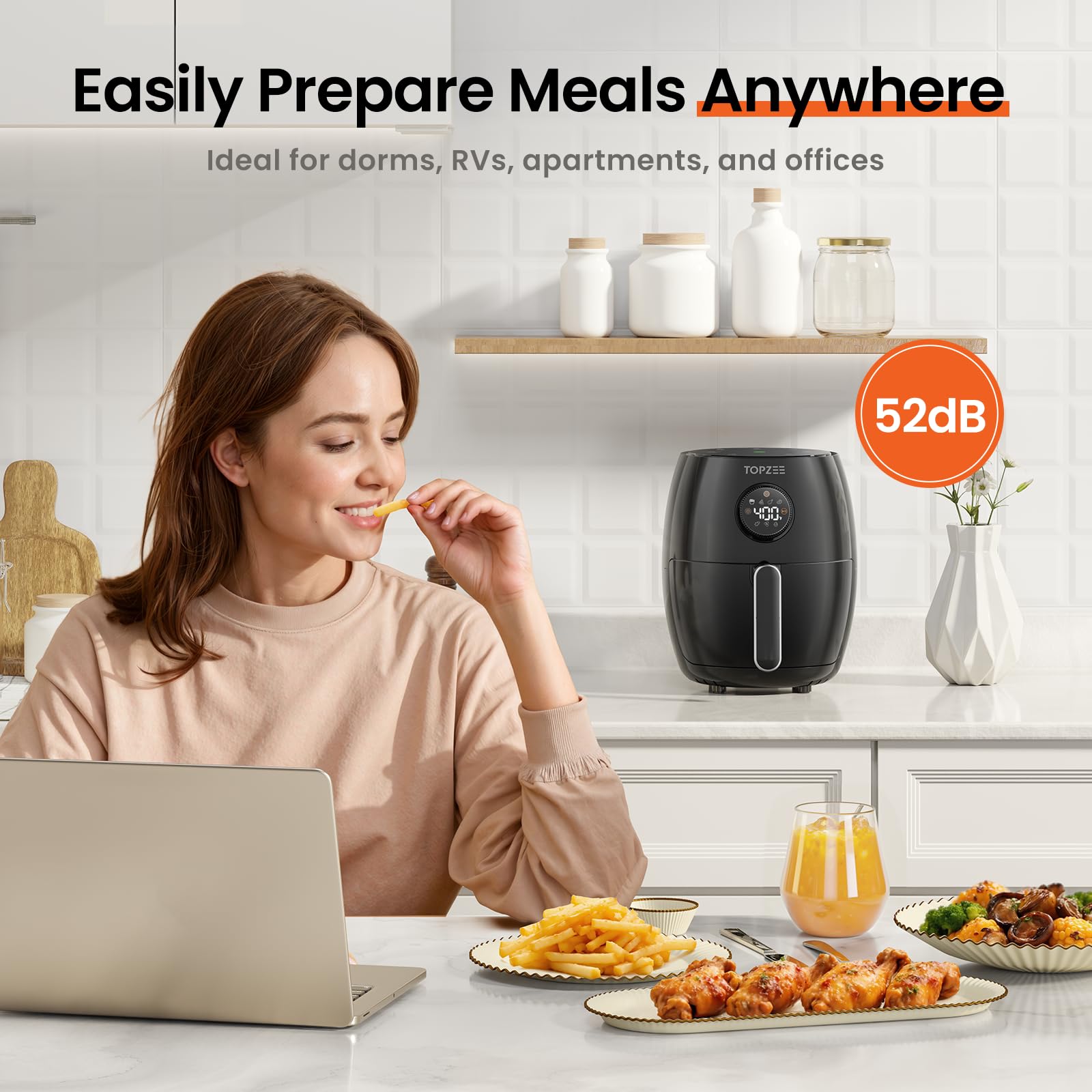 Topzee 2.1qt air fryer compact size ideal for small kitchens and dorms.