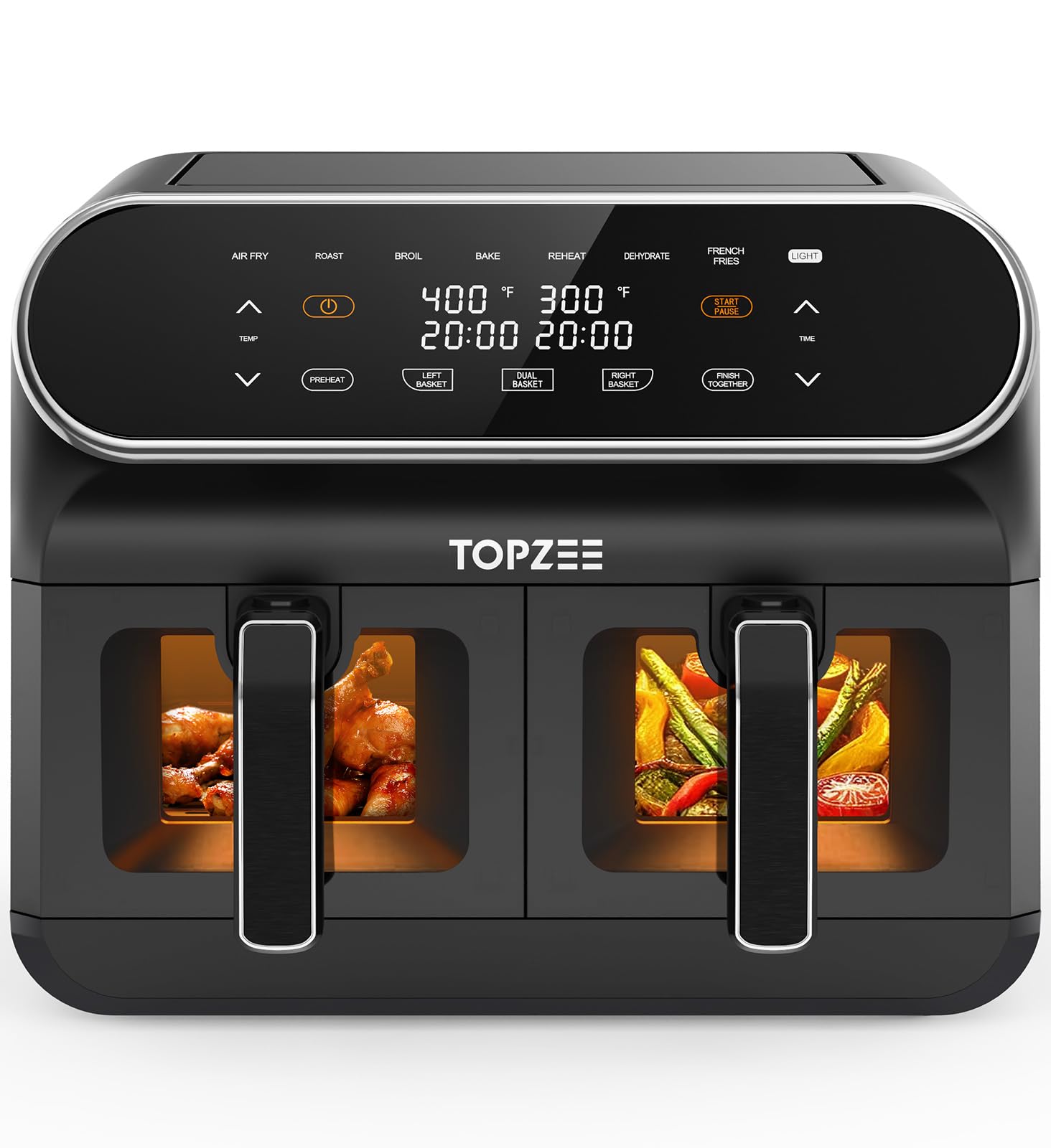 Topzee 8QT dual basket air fryer front view with independent cooking zones.