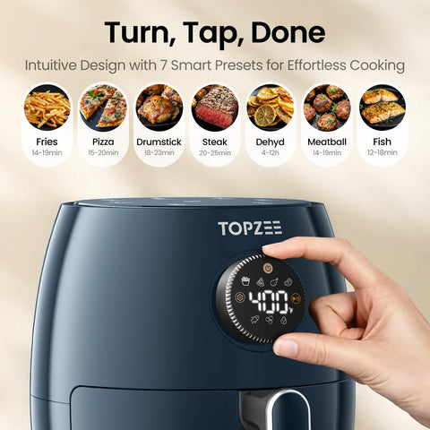 Topzee 2.1qt inner basket in use delivers crispy results with less oil.