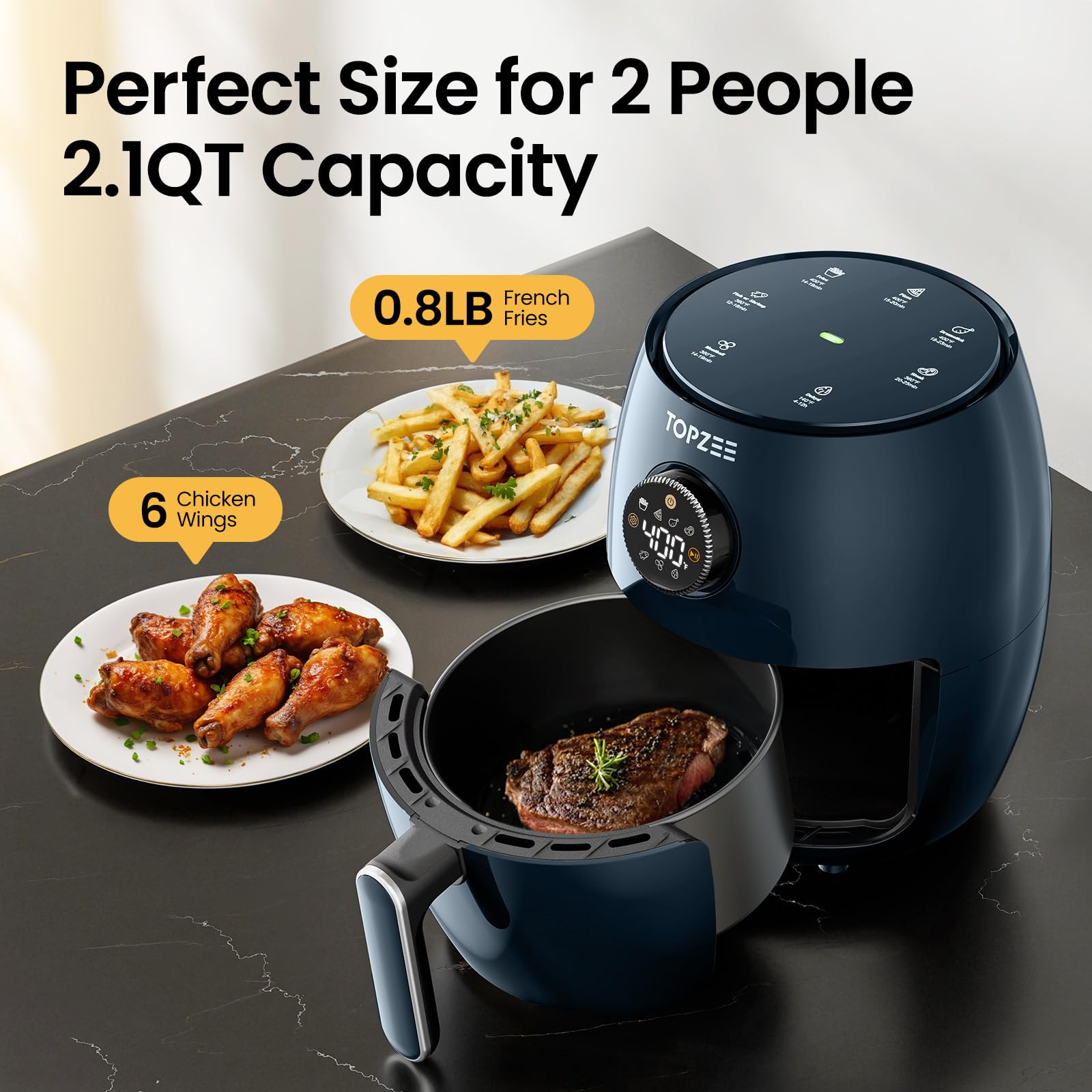 Topzee temperature dial shows 140–400°F and a 60-minute timer in action.