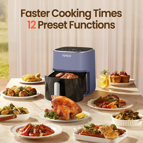 TOPZEE Air Fryer wide temp range 100–400°F for baking and reheating.