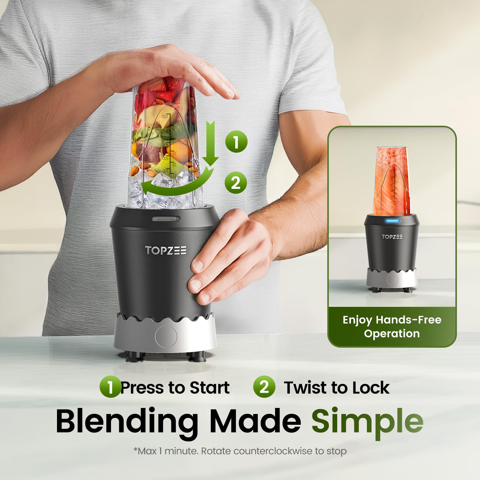 TOPZEE dishwasher-safe cups and lids simplify post-blend cleanup.