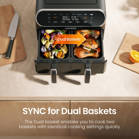 Topzee dual basket controls showing separate settings for versatile cooking.