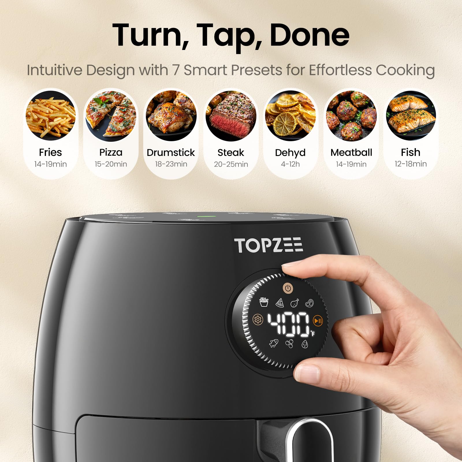 Topzee small air fryer control panel with precise temp and timer options.