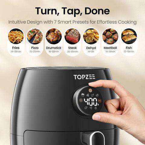 Topzee small air fryer control panel with precise temp and timer options.