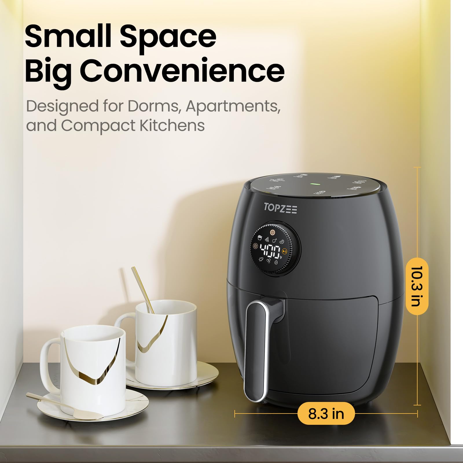 Topzee small air fryer cooking functions displaying Air Fry, Roast, Bake, Reheat.