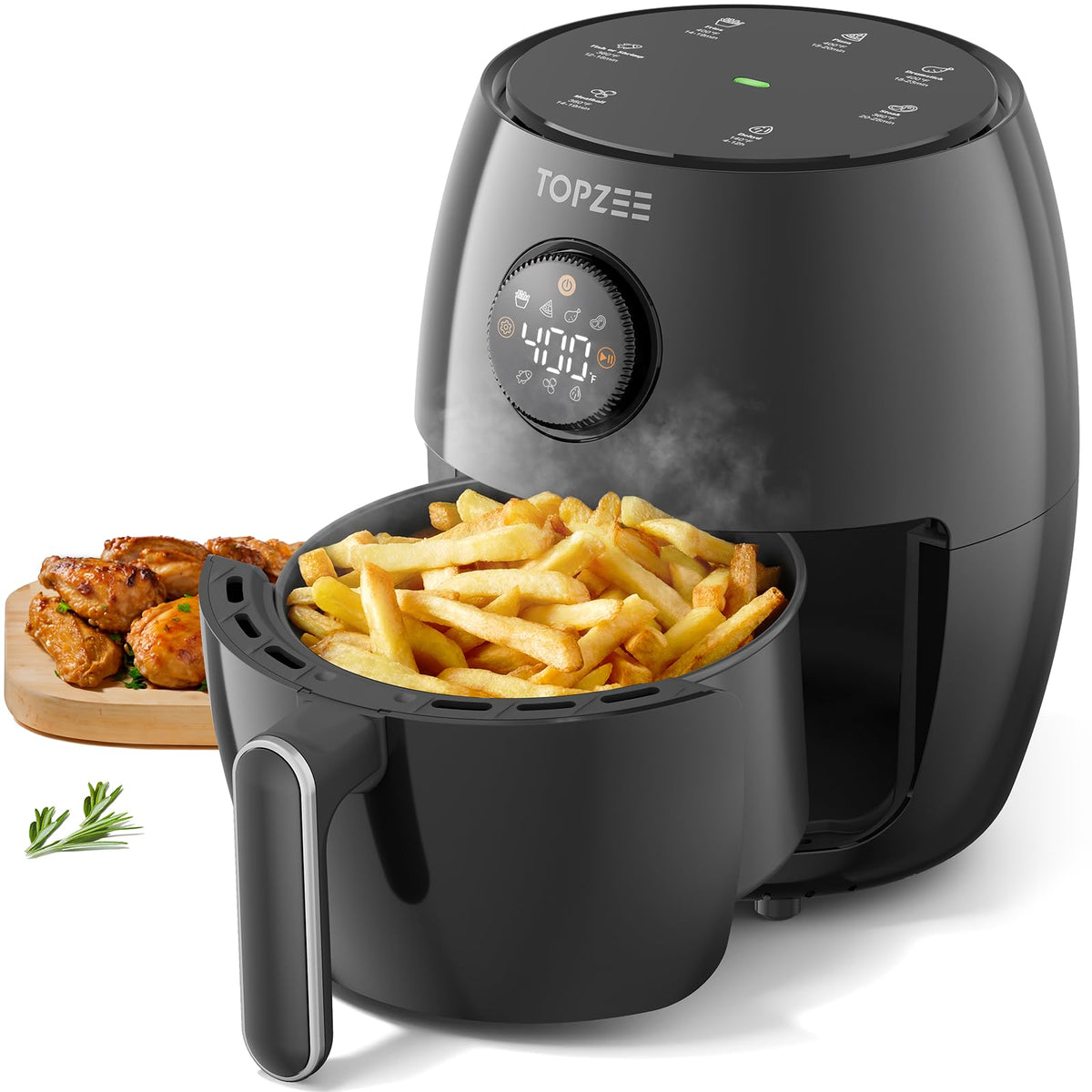 Topzee small air fryer front view showing compact, space-saving design.