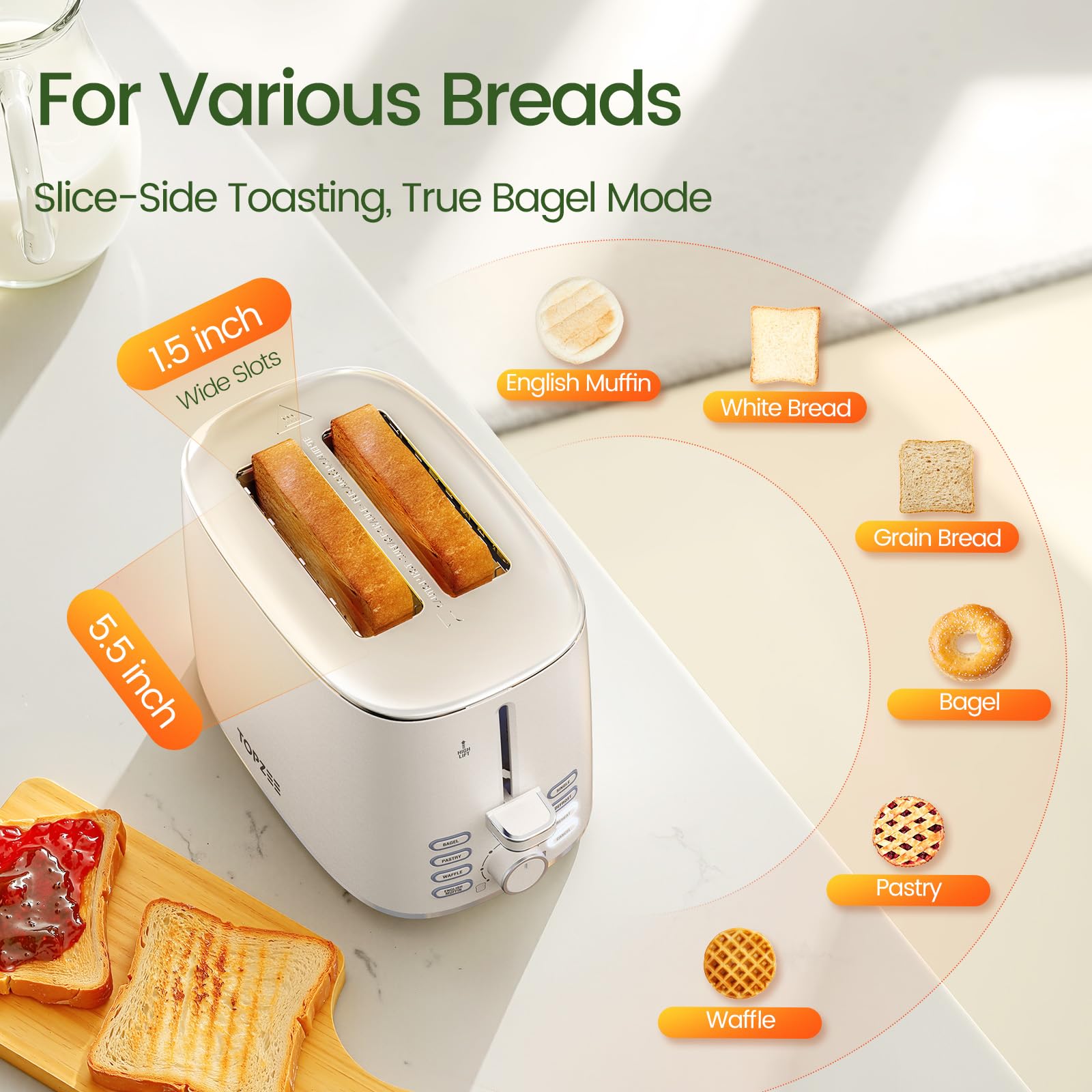 Topzee toaster handling English muffins safely with high lift lever