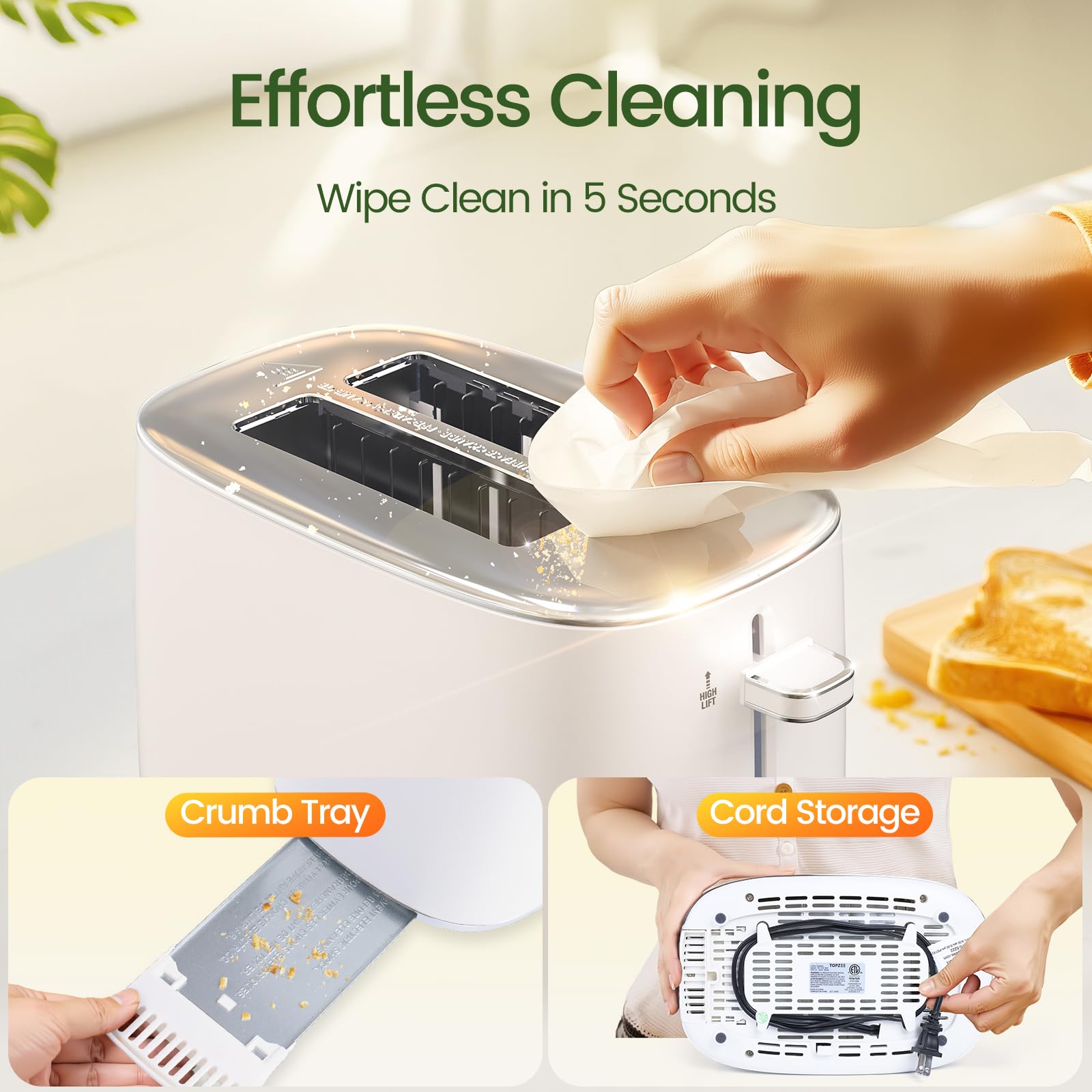 Topzee toaster removable crumb tray for simple cleanup after breakfast