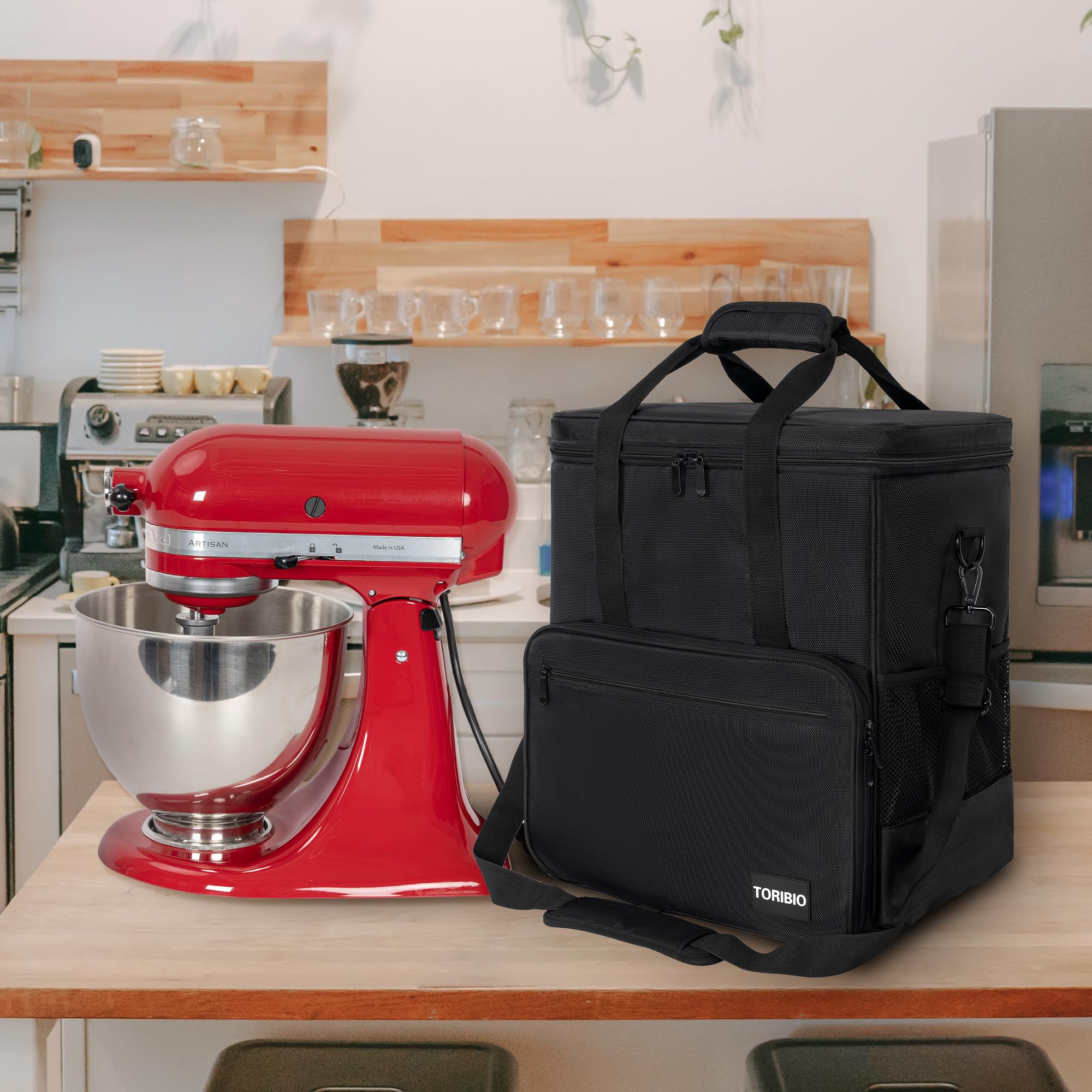 TORIBIO mixer bag dimensions shown: 14 by 8.9 by 14.9 inches for 4.5- to 5-quart mixers