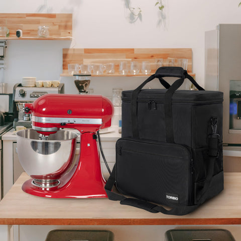 TORIBIO mixer bag dimensions shown: 14 by 8.9 by 14.9 inches for 4.5- to 5-quart mixers