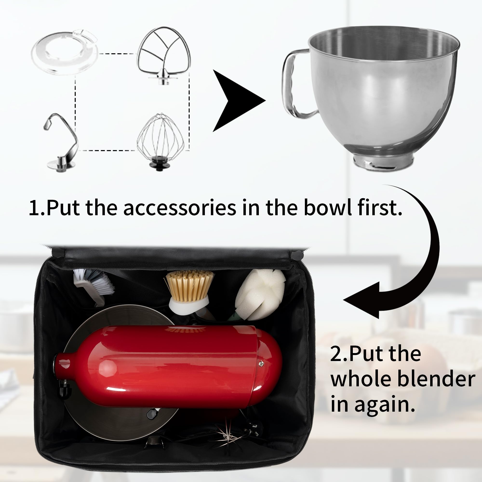 TORIBIO mixer bag front pocket keeps utensils within reach during setup