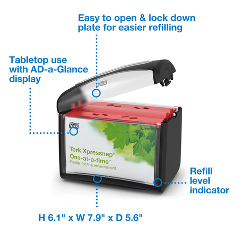 Front view demonstrates one-at-a-time dispensing to help reduce napkin waste