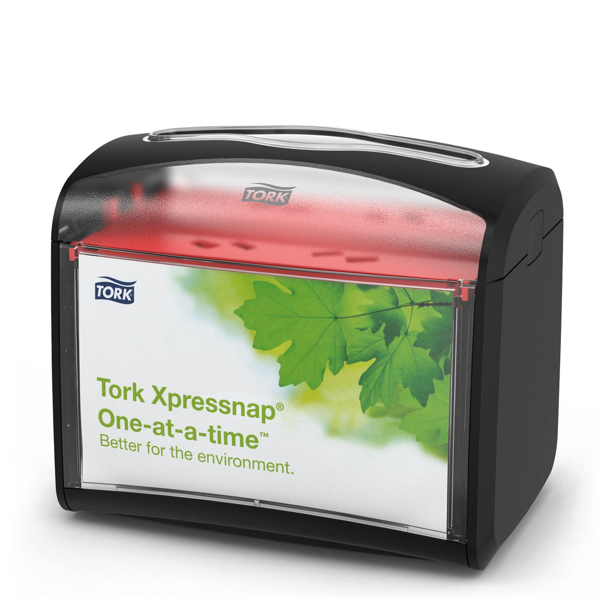 Tork Xpressnap black dispenser top view highlights hygienic enclosed design for clean napkins