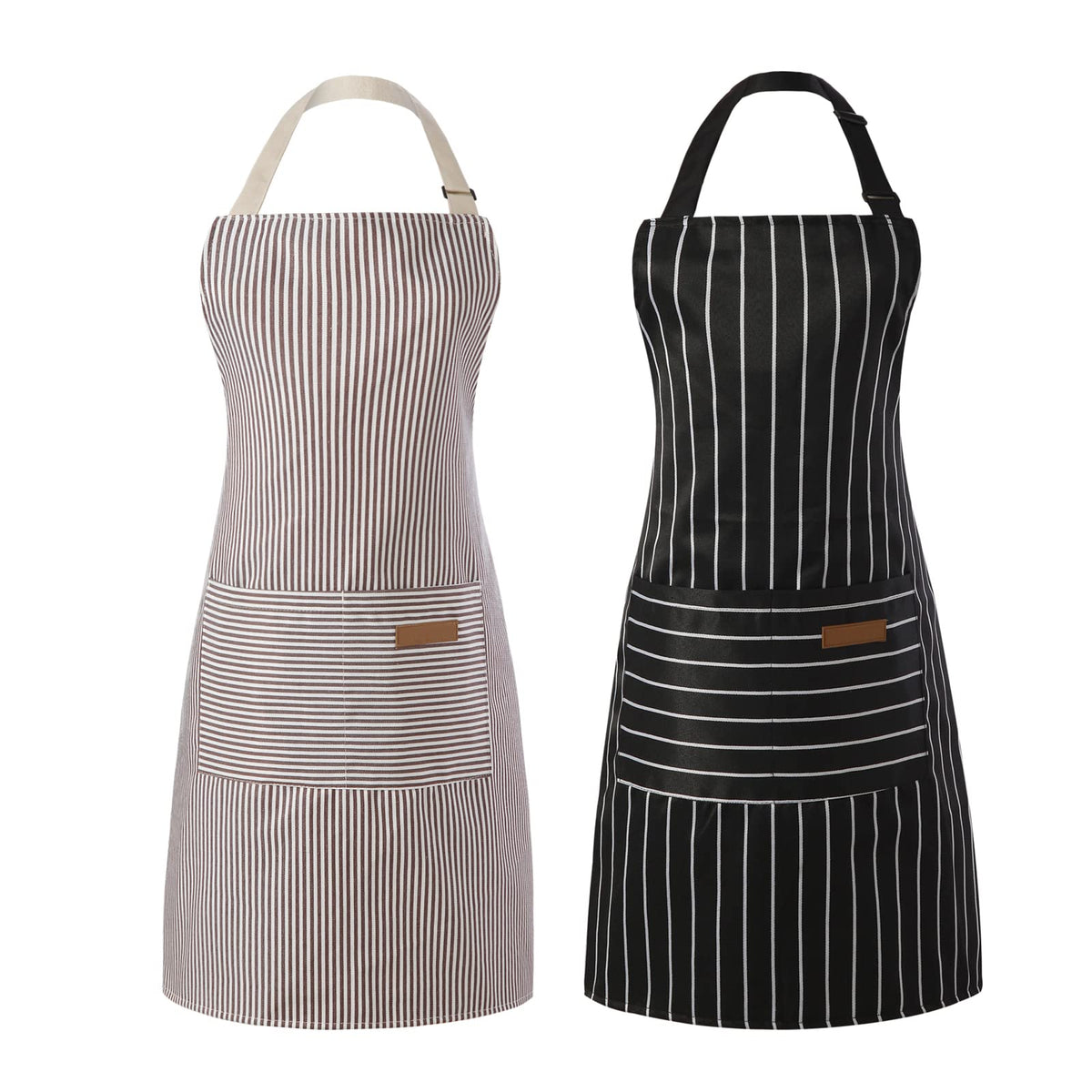 Tosewever apron front view in black and brown stripes for stylish kitchen protection.